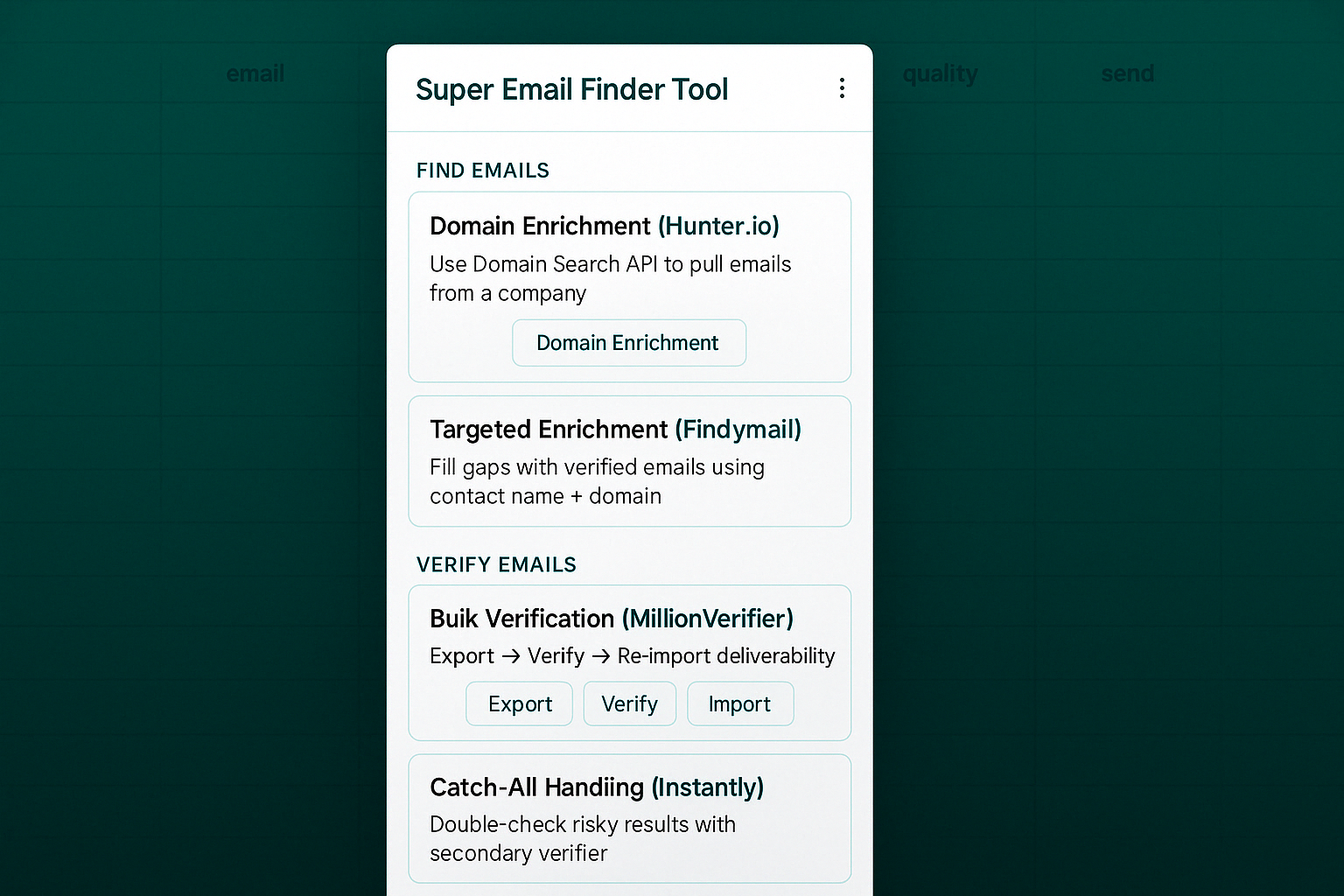 Email enrichment workflow UI in Google Sheets showing the different stages from domain search to verification